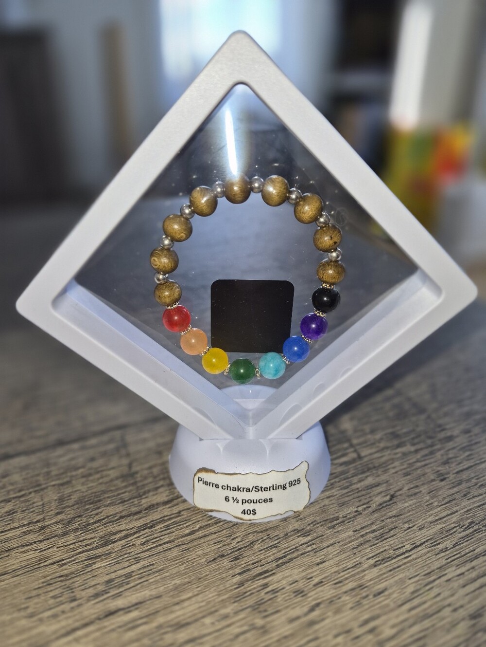 Sterling 925 Chakra Bead Bracelet with Brown Wood Beads